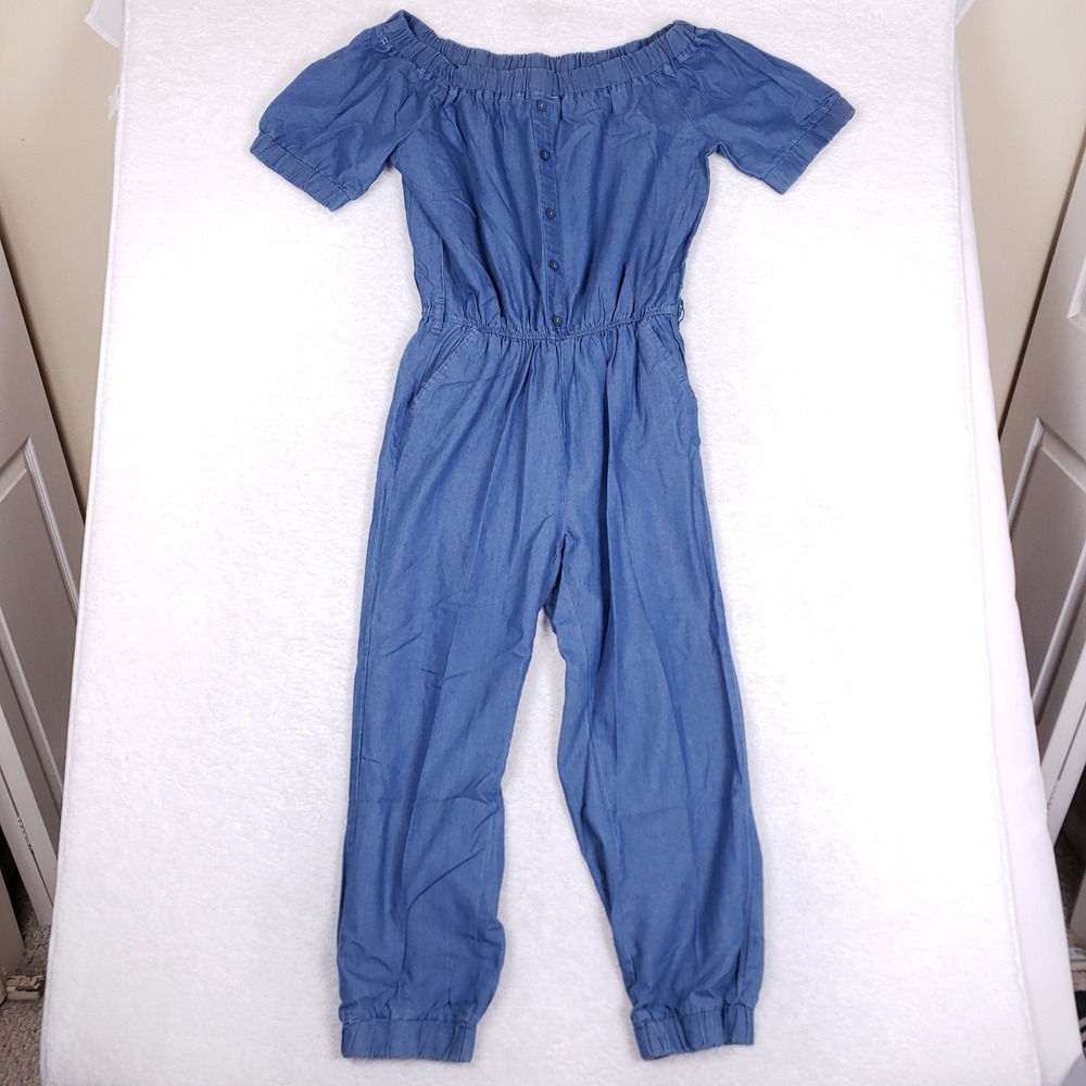 Helium London Jumpsuit Womens 1X Chambray Off Shoulder Blue Denim Look Boho